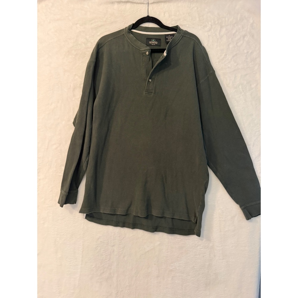 RedHead Mens XL Olive Green Waffle Knit Thermal Henley Long Sleeve Shirt Cotton